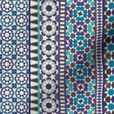 Alhambra Tessellations - Turquoise, Violet and grey on white - Vertical, small scale