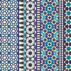 Alhambra Tessellations - Turquoise, Violet and grey on white - Vertical, small scale