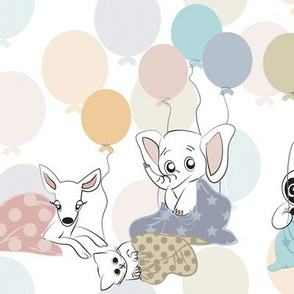 Baby Animals in Blankets Among Balloons pastel