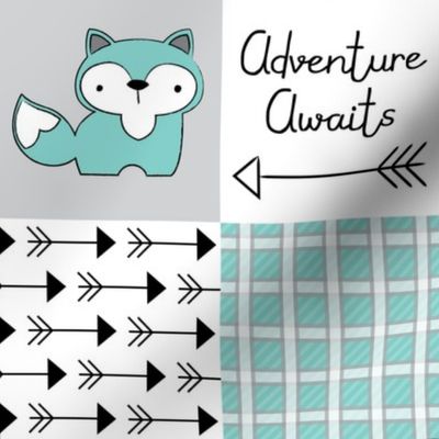 adventure awaits raccon and fox teal and black wholecloth