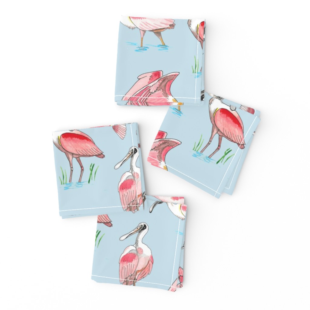 Roseate spoonbills on blue 10x10