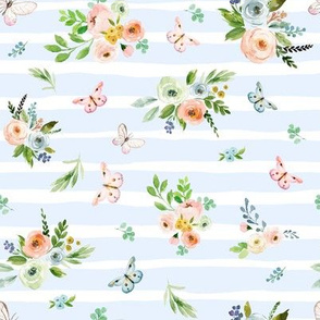 8" Spring Time Bunny Florals Pale Blue Stripes