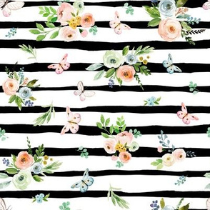 8" Spring Time Bunny Florals  Black and White Stripes