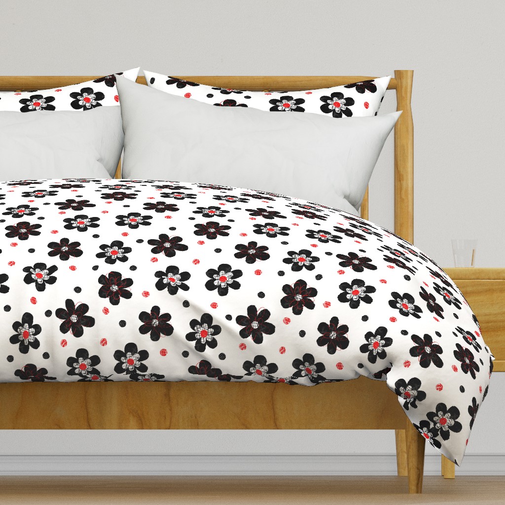 Doodle Button Floral Black Red