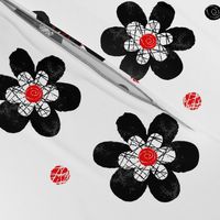 Doodle Button Floral Black Red