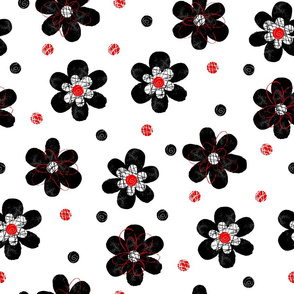 Doodle Button Floral Black Red