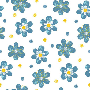 Doodle Button Floral Blue Yellow