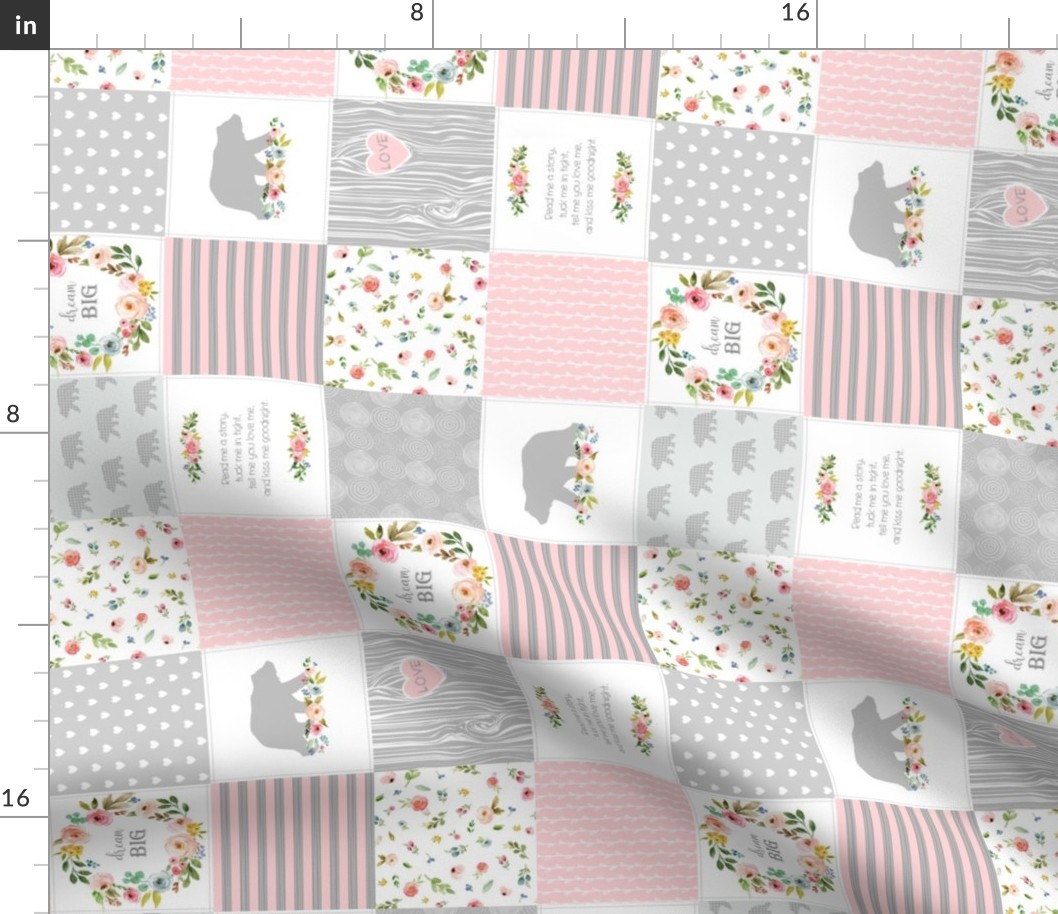 3" Bear Cheater Quilt Top - Patchwork Woodland Wholecloth Baby Blanket Fabric, Pink & Gray, rotated