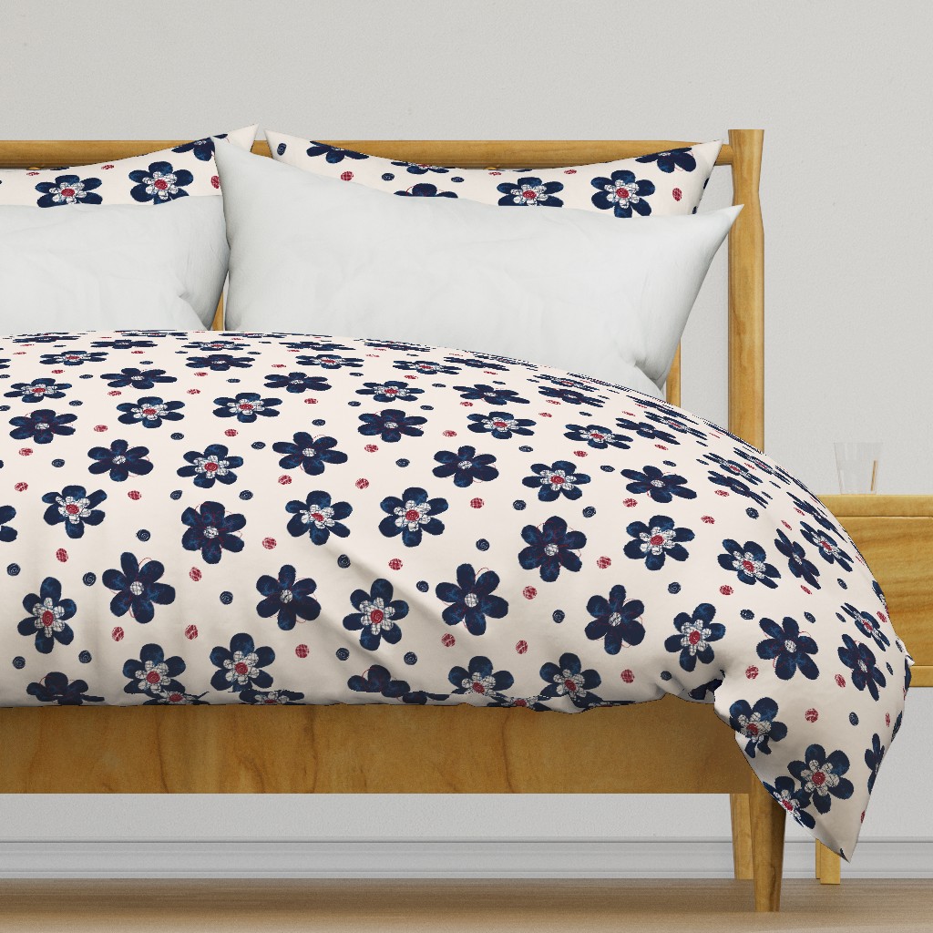 Doodle Button Floral Navy Maroon