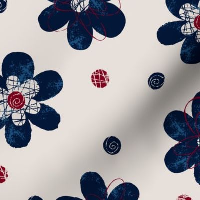 Doodle Button Floral Navy Maroon