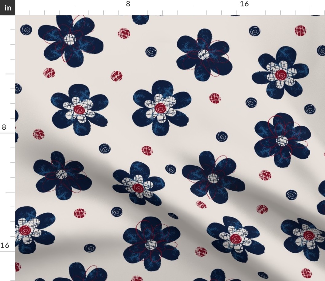 Doodle Button Floral Navy Maroon