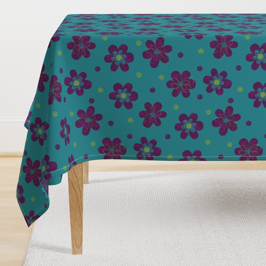 Doodle Button Floral Purple Green Teal