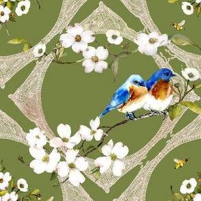 bluebird and lace watercolor on field green 