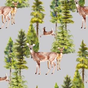 doe with fawn watercolor print on grey