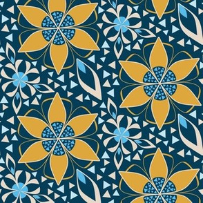 Art Deco Floral Mosaic, Gold, Blue 