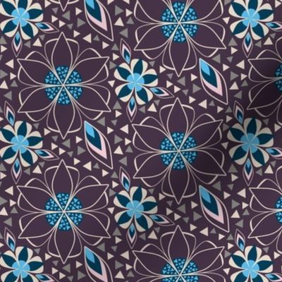 Mosaic Inlay Flowers, Art Deco Style Floral in Plum, Pink, Blue