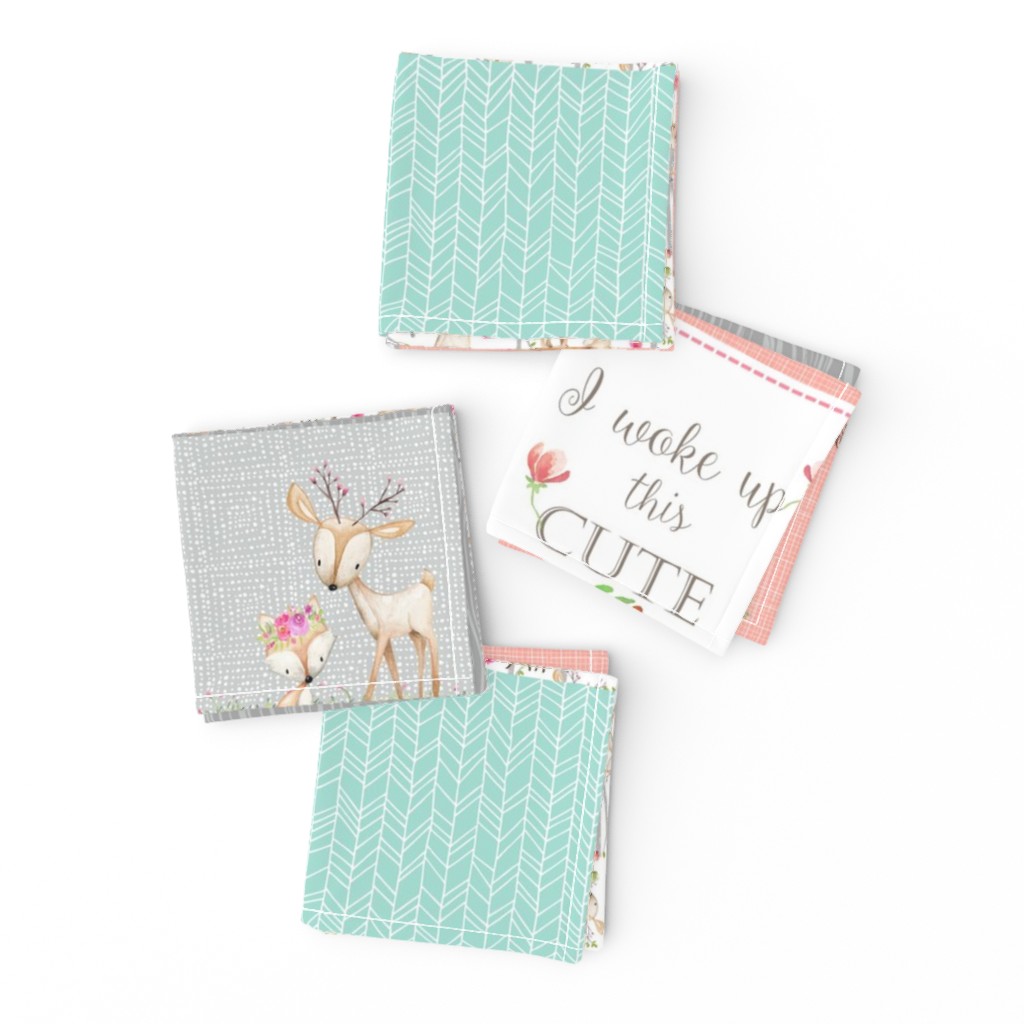 Woodland Patchwork Nursery Quilt - Baby Girl Blanket Deer Fox Bedding Peach Mint Gray GingerLous