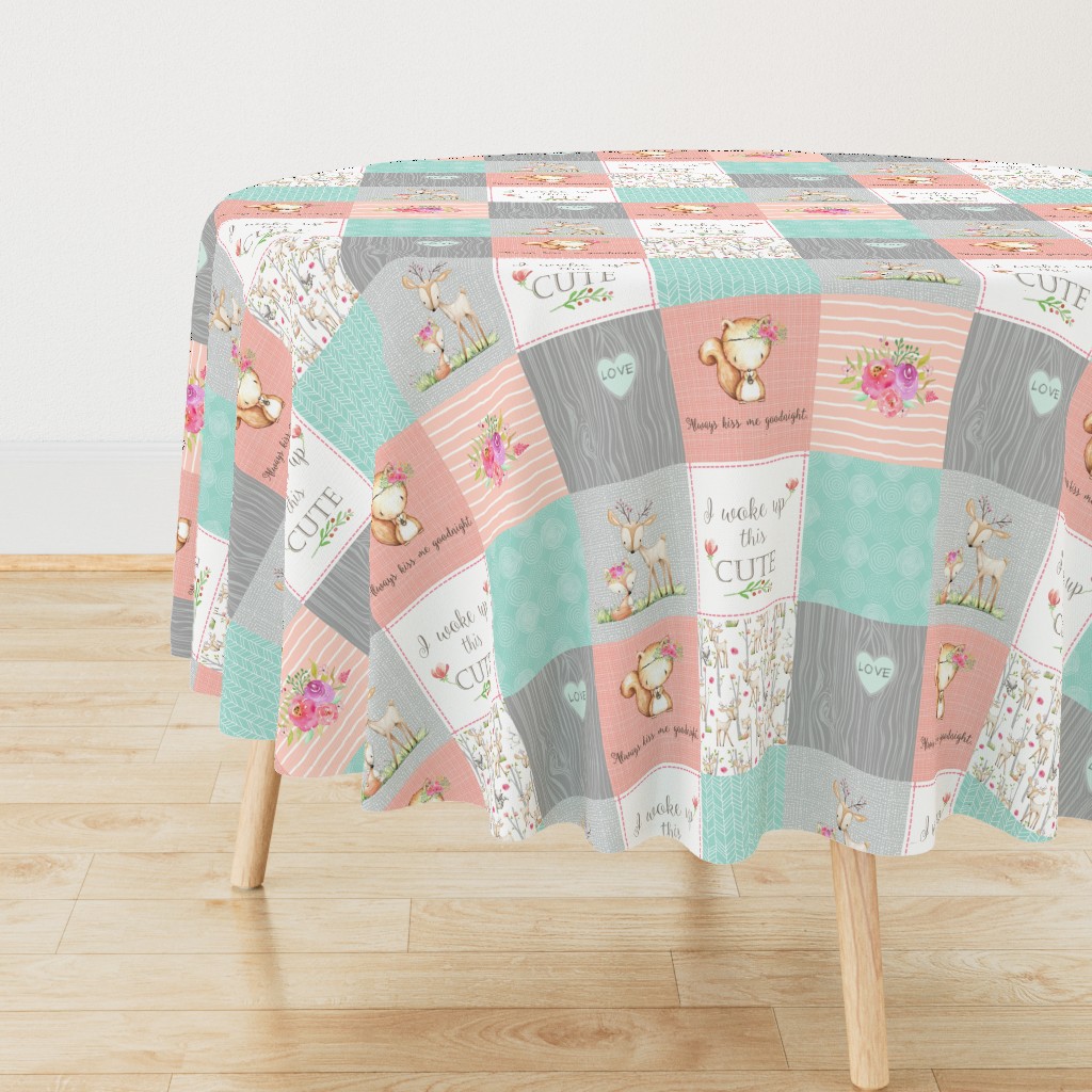 Woodland Patchwork Nursery Quilt - Baby Girl Blanket Deer Fox Bedding Peach Mint Gray GingerLous