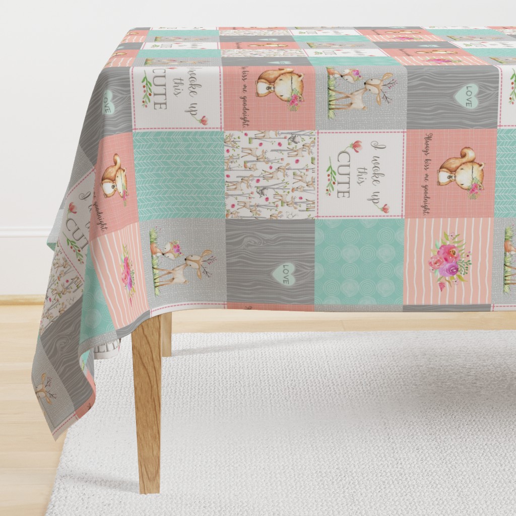 Woodland Patchwork Nursery Quilt - Baby Girl Blanket Deer Fox Bedding Peach Mint Gray GingerLous