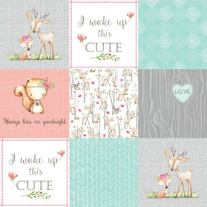 Woodland Patchwork Nursery Quilt - Baby Girl Blanket Deer Fox Bedding Peach Mint Gray GingerLous