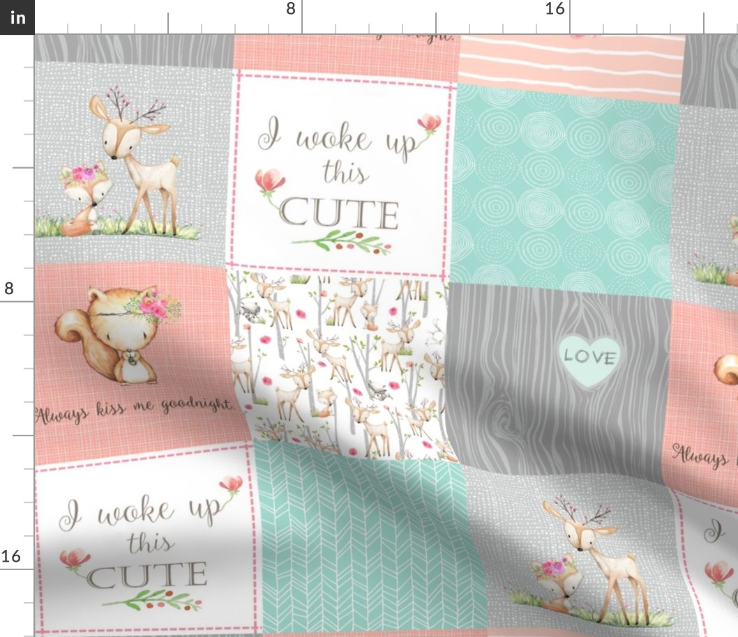 Woodland Patchwork Nursery Quilt - Baby Girl Blanket Deer Fox Bedding Peach Mint Gray GingerLous
