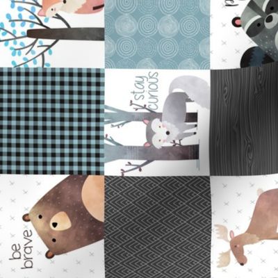 3" BLOCKS- Woodland Critters Patchwork Quilt (rotated) - Bear Moose Fox Raccoon Wolf, Gray & Blue Design