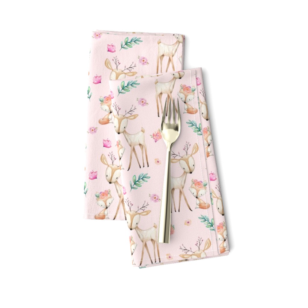 Pink Sweet Deer & Fox - Pink Flowers Woodland Animals Baby Girl Nursery Bedding