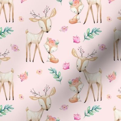 Pink Sweet Deer & Fox - Pink Flowers Woodland Animals Baby Girl Nursery Bedding