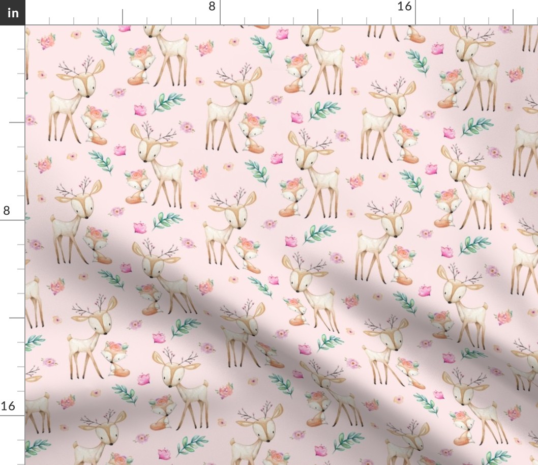 Pink Sweet Deer & Fox - Pink Flowers Woodland Animals Baby Girl Nursery Bedding