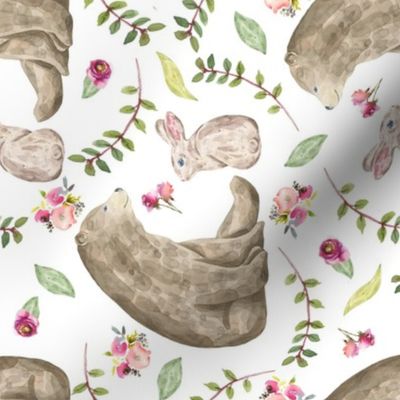 Bear & Bunny Friends (rotated) - Floral Woodland Baby Girls Nursery Bedding GingerLous A