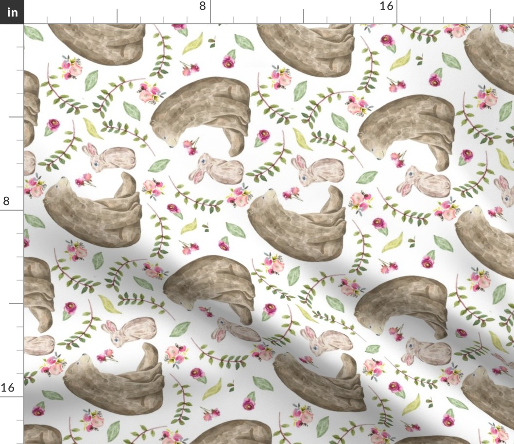 Bear & Bunny Friends (rotated) - Floral Woodland Baby Girls Nursery Bedding GingerLous A