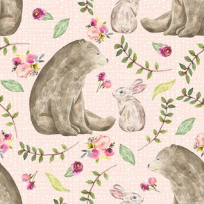 Bear & Bunny Friends (pink texture) - Floral Woodland Baby Girls Nursery Bedding GingerLous A