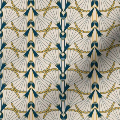 Art Deco Style Trumpet Flower with Stripes in Indigo, Gold and Khaki 