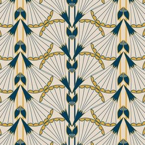 Art Deco Style Trumpet Flower with Stripes in Indigo, Gold and Khaki 