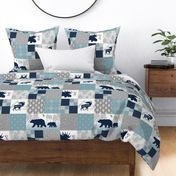 Camp Yellowstone Cheater Quilt – Bears Moose Wholecloth – Navy Gray Blue Design