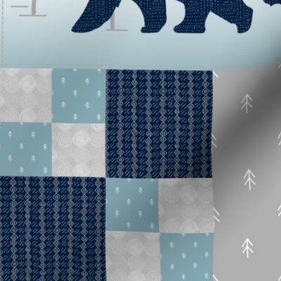 Camp Yellowstone Cheater Quilt – Bears Moose Wholecloth – Navy Gray Blue Design