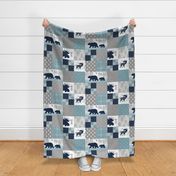Camp Yellowstone Cheater Quilt – Bears Moose Wholecloth – Navy Gray Blue Design