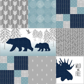 Camp Yellowstone Cheater Quilt – Bears Moose Wholecloth – Navy Gray Blue Design