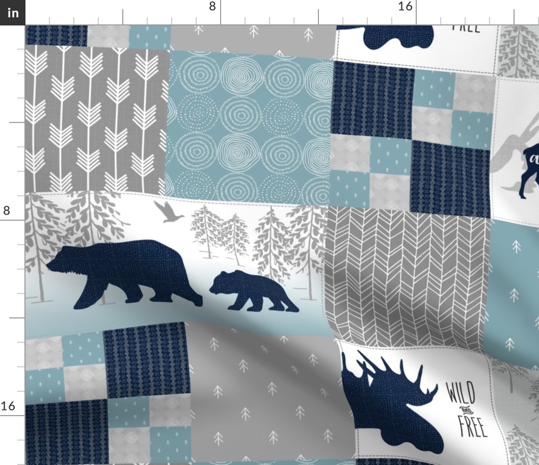 Camp Yellowstone Cheater Quilt – Bears Moose Wholecloth – Navy Gray Blue Design