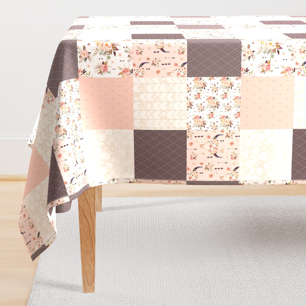 Boho Aztec Bison Skull Flowers - Cheater Quilt Wholecloth - Peach + Brown Blanket