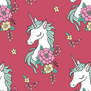Dreamy Unicorn & Vintage Boho Flowers on Coral Red