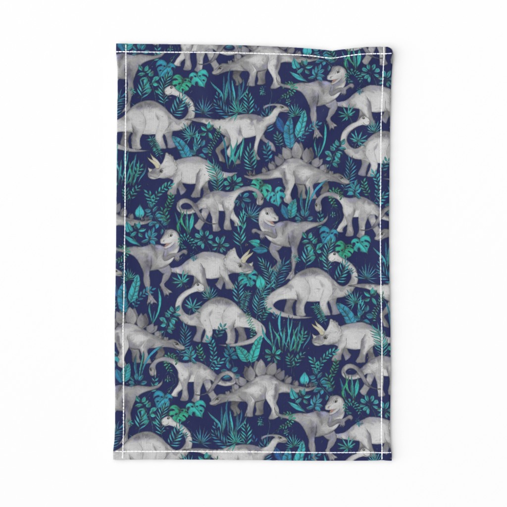 Dinosaur Jungle Dark Blue Purple Background medium print