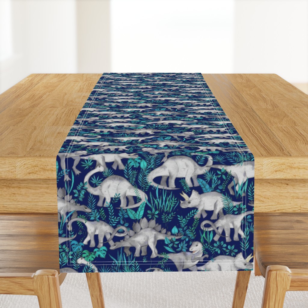 Dinosaur Jungle Dark Blue Purple Background medium print