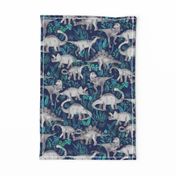 Dinosaur Jungle Dark Blue Purple Background medium print