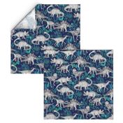 Dinosaur Jungle Dark Blue Purple Background medium print