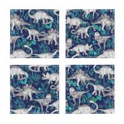 Dinosaur Jungle Dark Blue Purple Background medium print