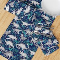 Dinosaur Jungle Dark Blue Purple Background medium print