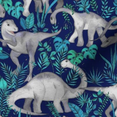 Dinosaur Jungle Dark Blue Purple Background medium print