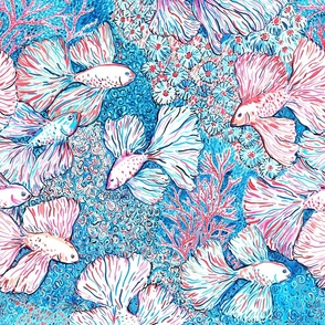 Bettafishes in coral reef, Malibu inspired watercolor