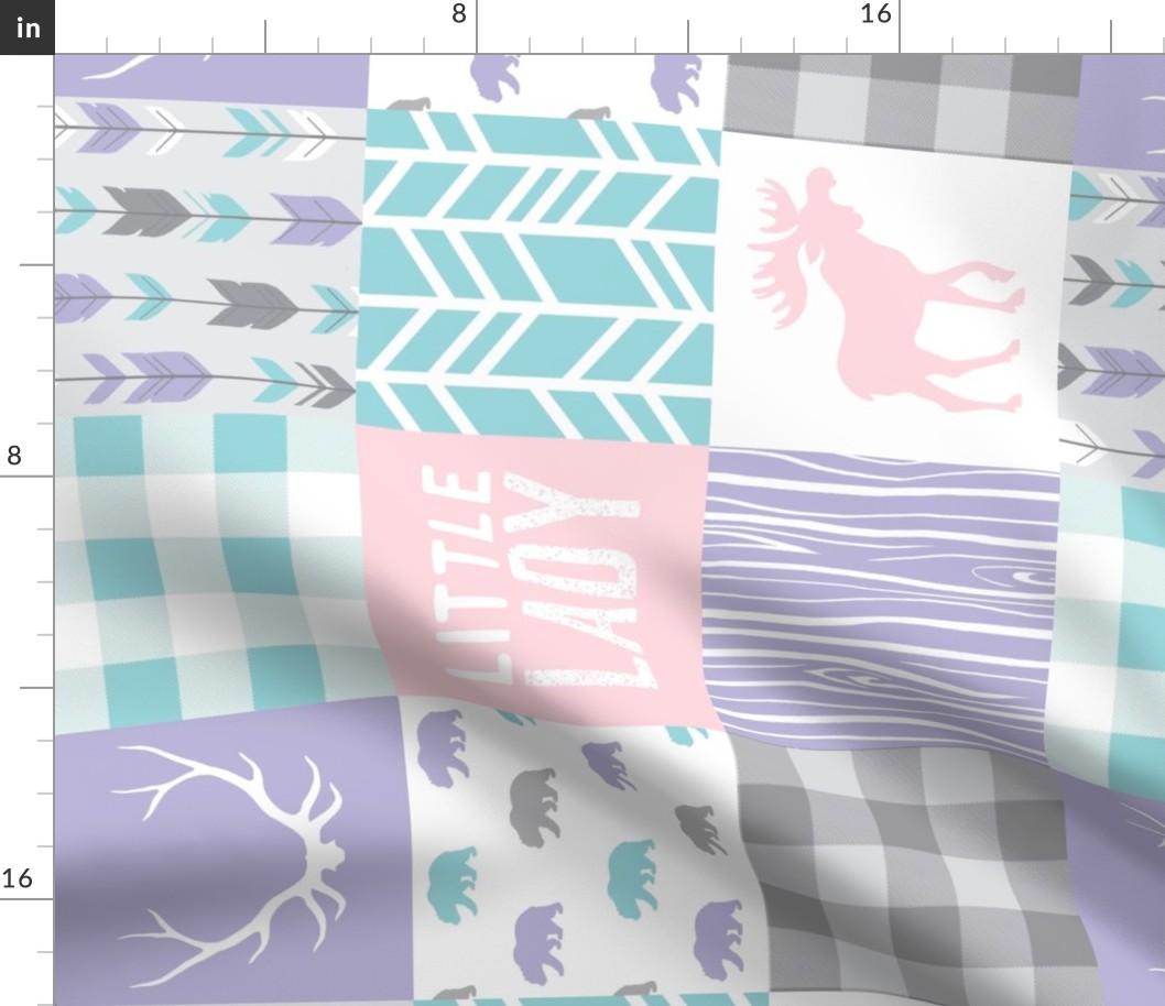 Little Lady Wholecloth Quilt - lilac, pink, aqua and grey - soft and sweet woodland